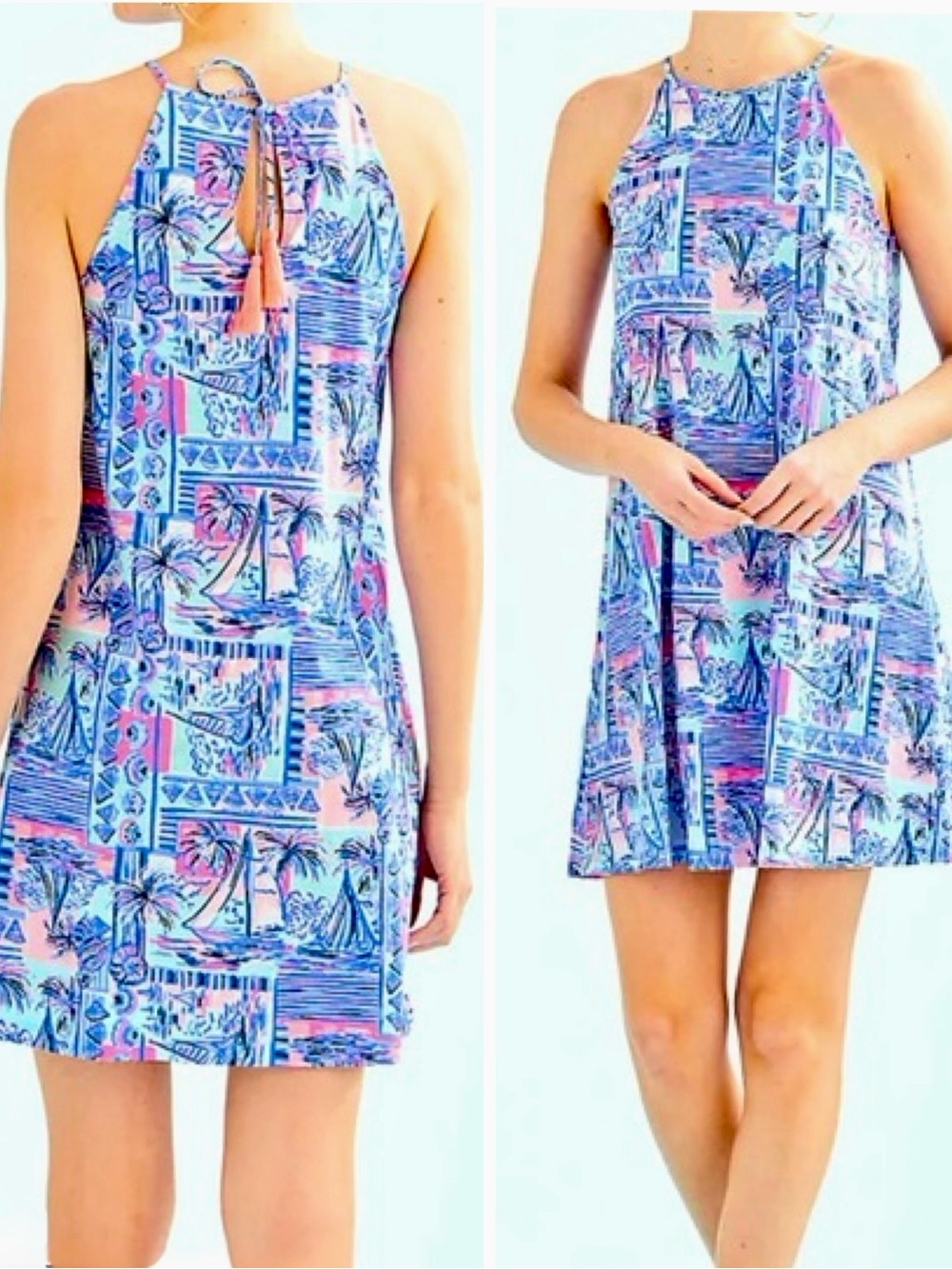 LILLY PULITZER Pima Cotton Knit Blue & Pink Tropical Print Mini Dress Tassel Tie